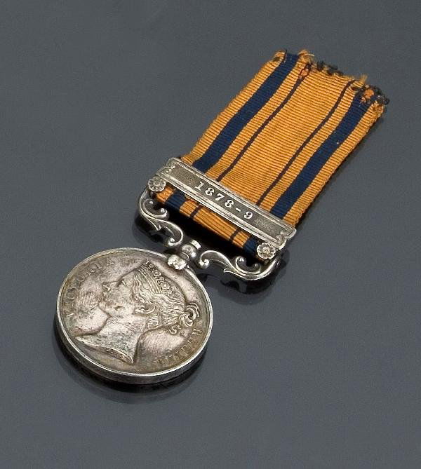 A SOUTH AFRICA MEDAL WITH 1878-79 CLASP: A South Africa Medal with 1878-79 clasp, to 2300 Pte J Hanchett 2/3rd Foot Pte 2300 Joel Hanchett 2/3 East Kent, The Buffs, was born on March 16th 1849 in Arkesden, Essex. He was an agricultural labou