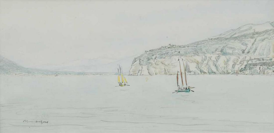 § Sir Muirhead Bone (Scottish 1876-1953): 'Sorrento off Lisbon' signed "Muirhead Bone" lower left watercolour 12 x 24.5cm