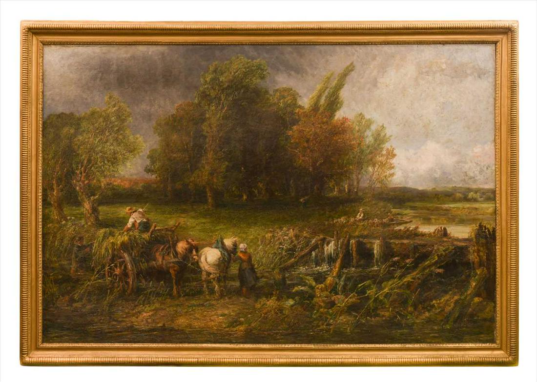 Follower of John Constable RA: Reed cutters loading a cart in a landscape oil on canvas laid down to board 135 x 203cm