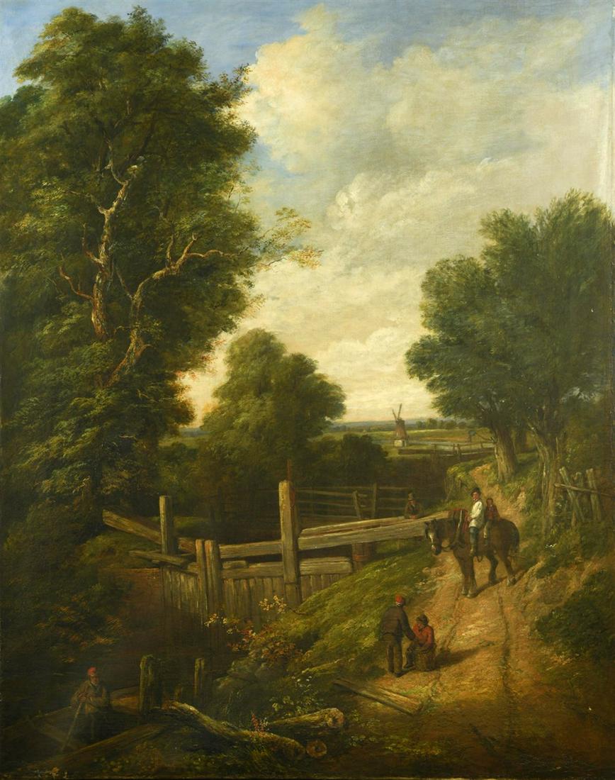 Follower of John Constable, mid 19th Century: The Lock Gate with figures to the foreground, the lock keeper and travellers with a heavy horse oil on canvas, unframed 144 x 115cm
