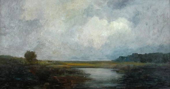 WINSTON MCQUOID (BRITISH, B.1909, EXH.1936): Winston McQuoid (British, b.1909, exh.1936) Landscape with Water oil on board 32 x 60cm Provenance: Jim Ede, Kettles Yard, Cambridge, 1964 John Blackburn Acquired by gift from the estate of Dr. P. Cra