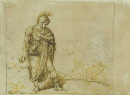 Manner of Salvator Rosa (Italian 1615-1673): A Study of a soldier in the foreground with a battle scene beyond pencil, crayon, pen and brown ink 17.5 x 24 cmFootnote: An attribution to Benjamin Robert Haydon might be considered.