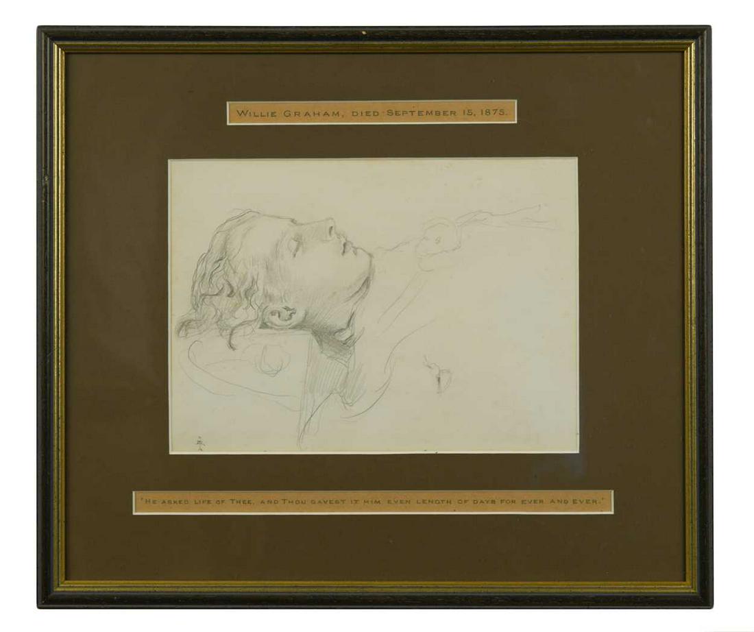 Sir John Everett Millais, Bt. PRA (British, 1829-1896): A Study of Willie Graham (1858-1875) on his deathbed signed lower left in monogram pencil on paper 16.5 x 23.5 cmFootnote: Provenance: William Graham (1817-1885), his daughter Agnes Jekyll (1861-1937)