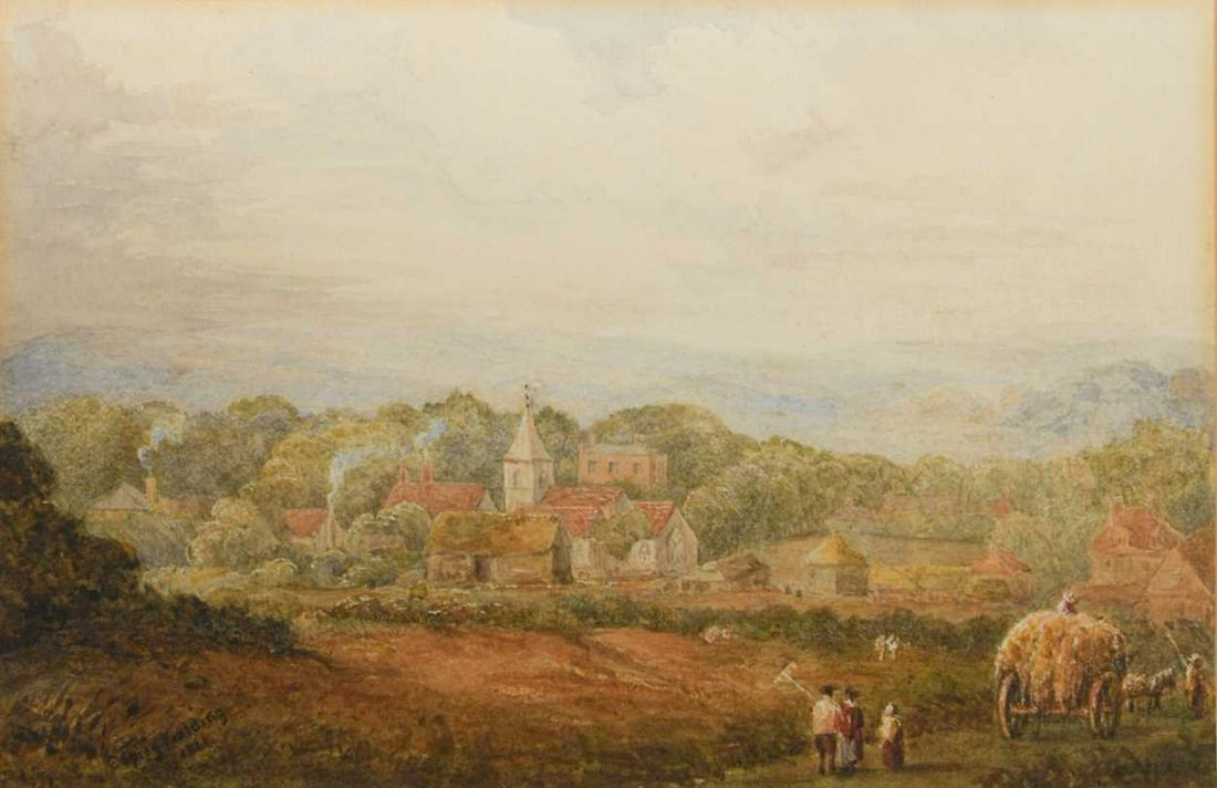 Anthony Vandyke Copley Fielding, POWS (British: Harvest home - Villagers returning with a harvest wagon, a church and village beyond signed lower left "Copley Fielding / 1811" watercolour 13 x 20 cm Condition report: Condition appears fine.