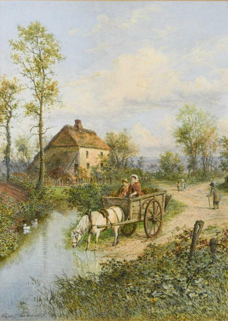 Edgar John Varley (British 1839-1888): A Mother and child watering their grey pony at a farm pond; signed lower left "Edgar J Varley 1881" watercolour 18 x 13 cm