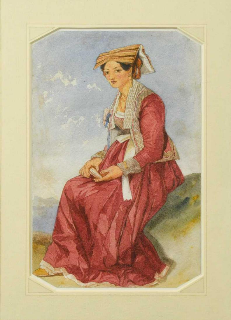 Edward Lear (British 1812-1888): 'An Italian Woman wearing a Red Dress, 1838' watercolour 23 x 15 cmFootnote: Provenance: Peter Pears and Benjamin Britten collection. Thomas Agnew & Sons, 43 Old Bond Street, London W1XCondition repor