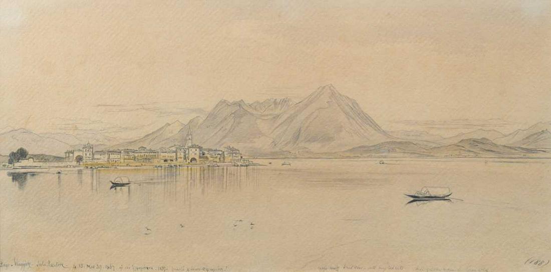 Edward Lear (British 1812-1888): 'Lago Maggiore' inscribed lower left 'Lago . Maggiore . Isola Pescatore . 4.15. May 29 . 1867'; numbered lower right '(188)' and with other annotations pen, ink and watercolour 22 x 44.5 cmFootnote: E