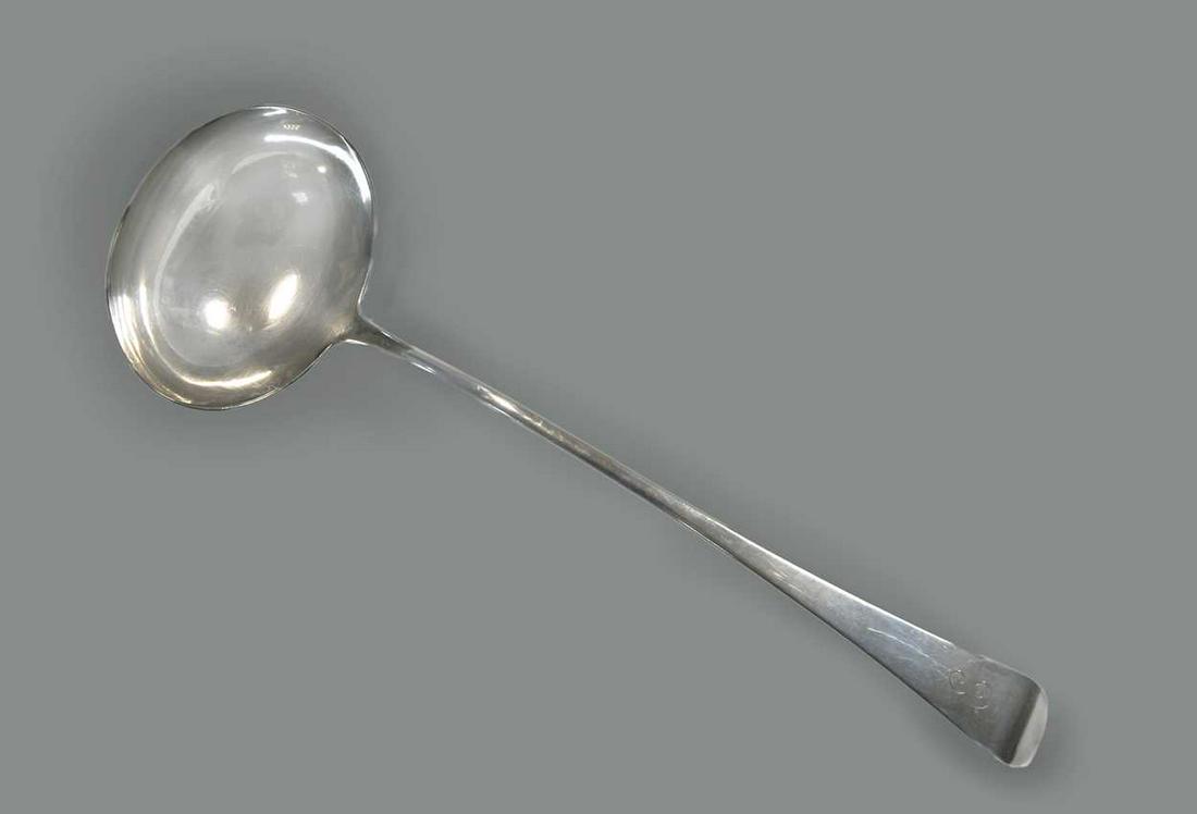 A George III silver soup ladle,: mark of Christopher & Thomas Wilkes Barker, London 1801, 'Old English' pattern, monogrammed, 5.8ozt