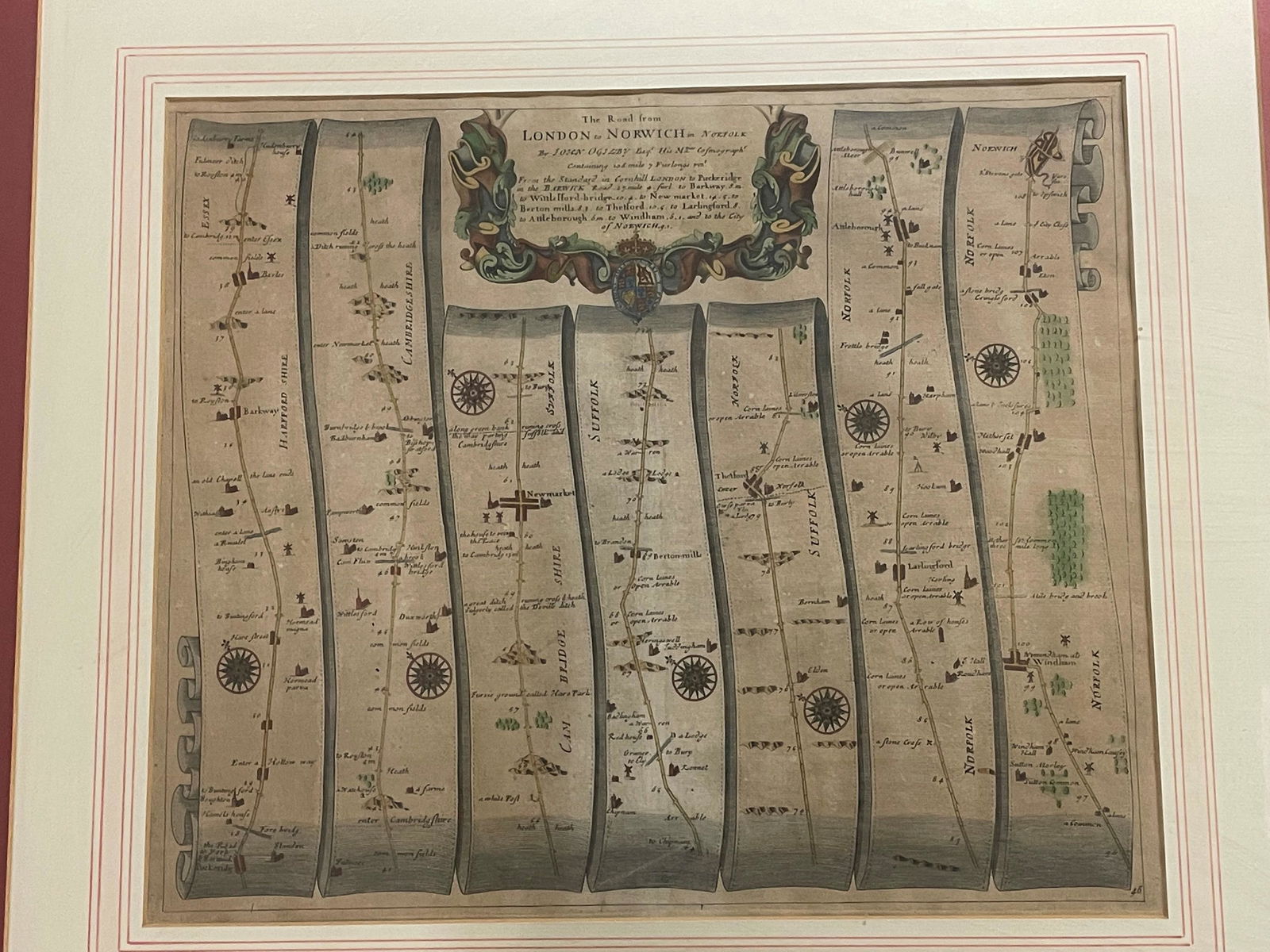John Ogilby, three road maps, including London to Norwich, hand coloured engravings, late 17th (1 of 3)