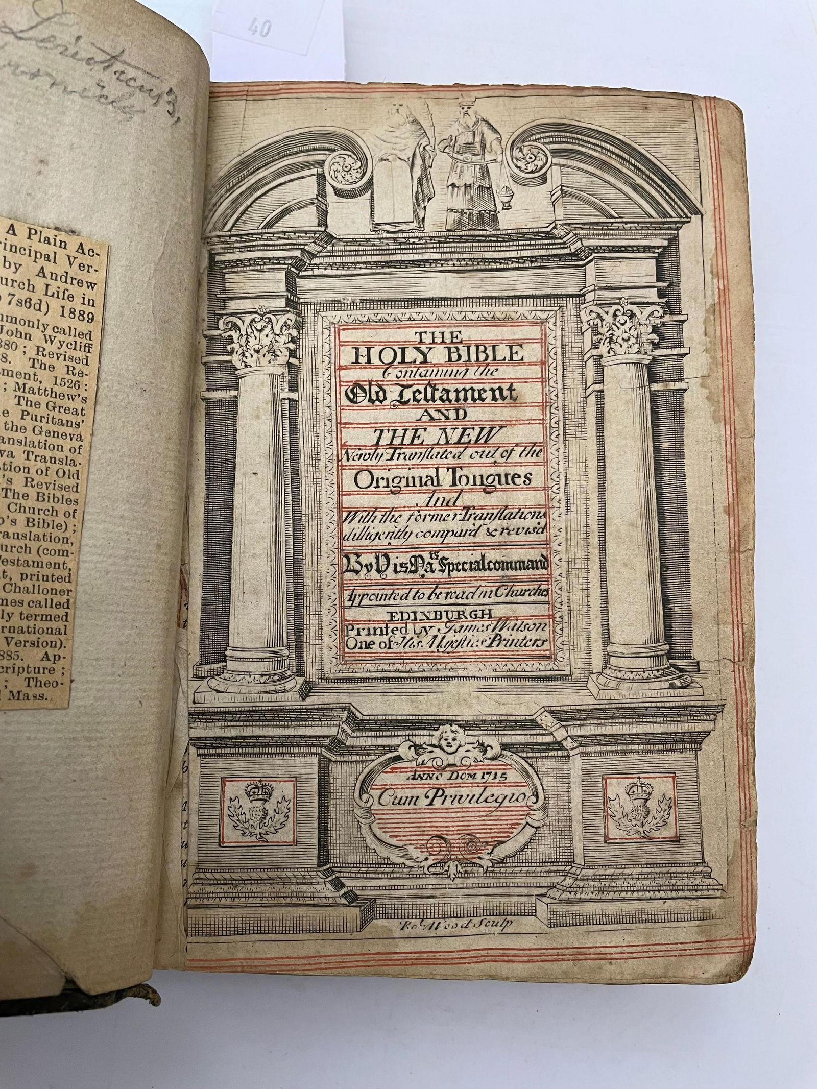 BIBLE. The Holy Bible, Edinburgh: James Watson 1715, small 8vo, double column, engraved title, red (1 of 4)