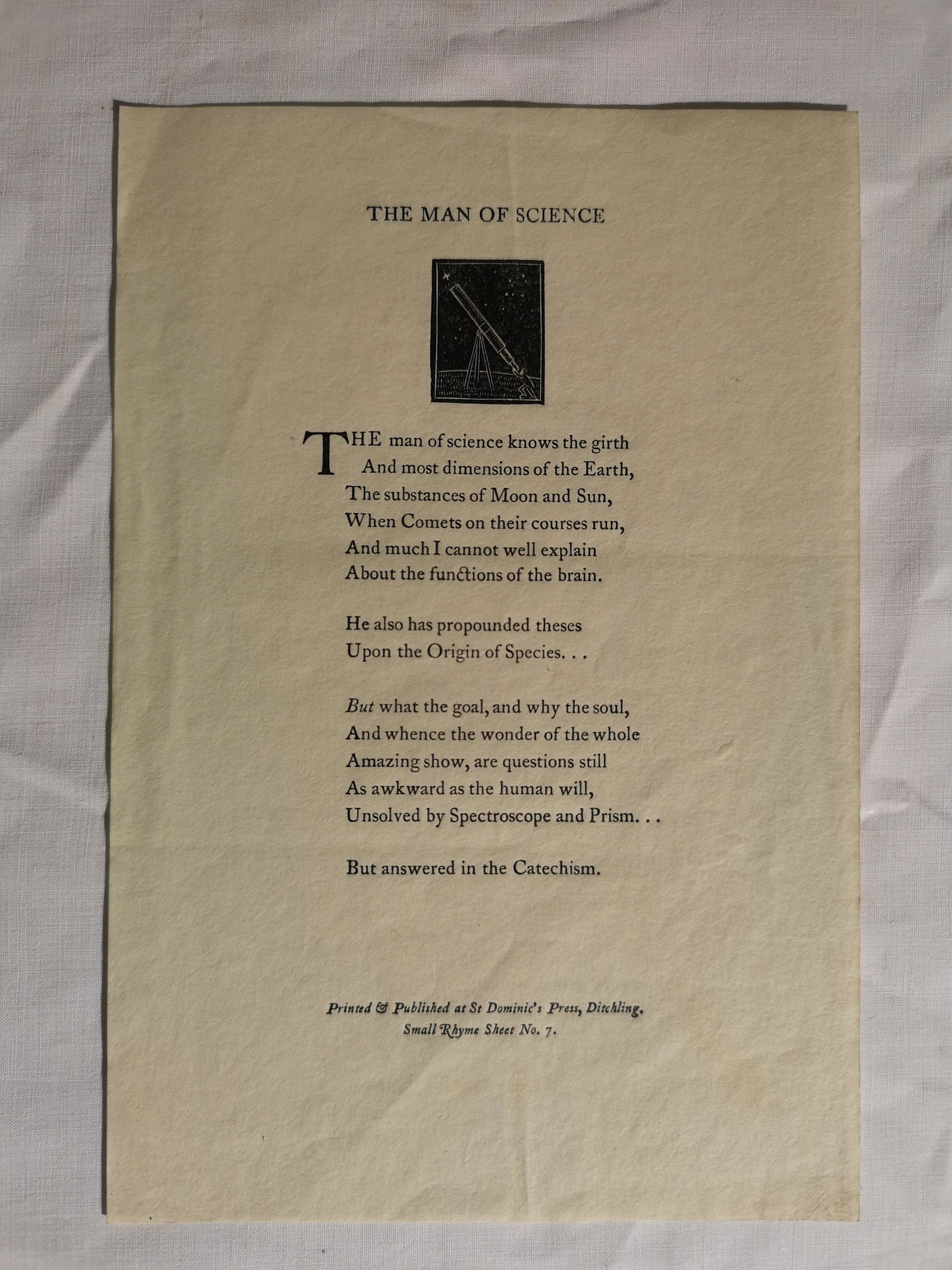 Small Rhyme Sheet No.7, 'The Man of Science', publ. St Dominic's Press, Ditchling, 20 x 13.5cm (1 of 1)
