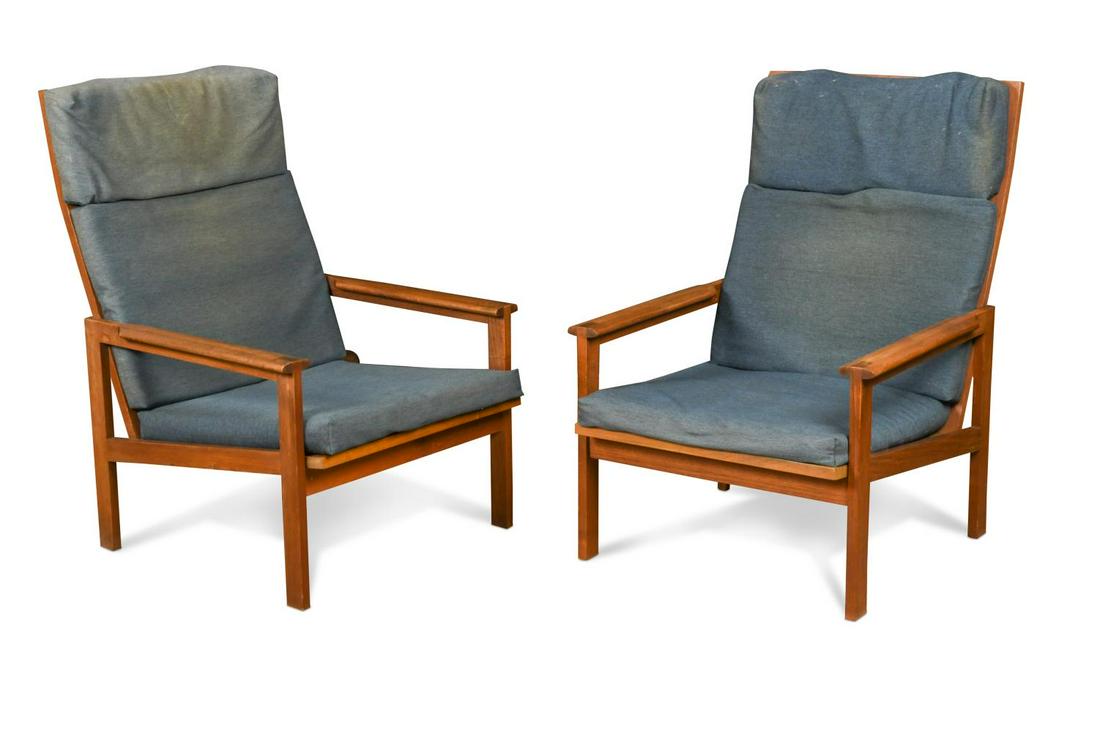 Illum Wikkelso for Niels Eilersen, a pair of Danish teak Capella lounging chairs, 1960s,: the high-back chairs with loose blue wool fabric cushions 95 x 68 x 81cm
