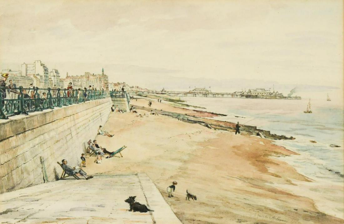 § Muirhead Bone (Scottish 1876-1953): The sea wall, Hove signed and dated 'Muirhead Bone 1952' (lower right) watercolour on paper 19.5 x 29.5cm41 x 49.5cm (framed)