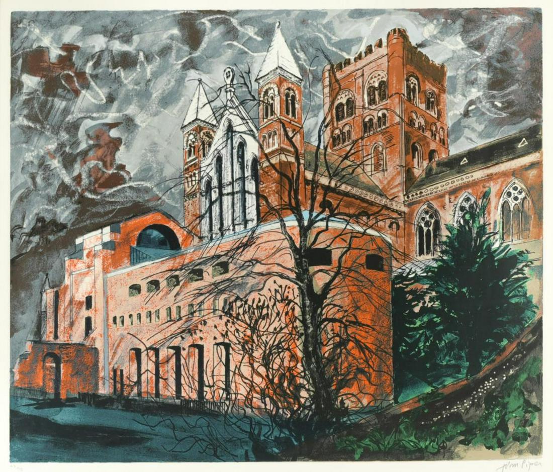 § John Piper OM, CH (British 1903-1992): St Albans Cathedral signed 'John Piper' (lower right); numbered 43/75 screenprint 54 x 62cm