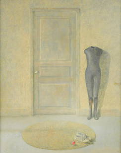 § David Tindle RA, HRBSA, RE (British 1932-): The Door signed with initials (lower right); further signed, titled and dated 95 to the reverse egg tempera on board 59 x 48cmClosely associated with the Soho artists of the 1940s and 50s, Royal Acade