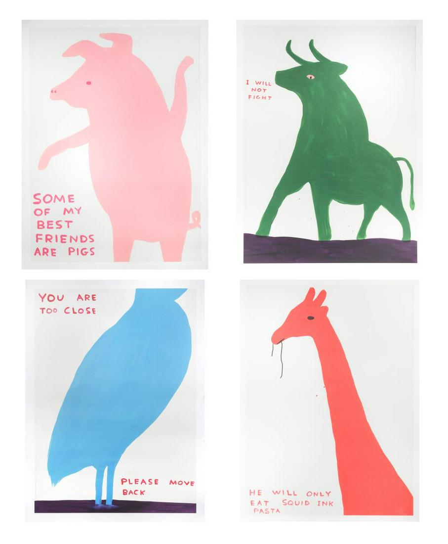 § David Shrigley OBE (British 1968-): Animal Series: I will not fight; You are too close; Some of my best friends are pigs; He will only eat squid ink pasta offset lithographs, unframed 80 x 60cm (4)