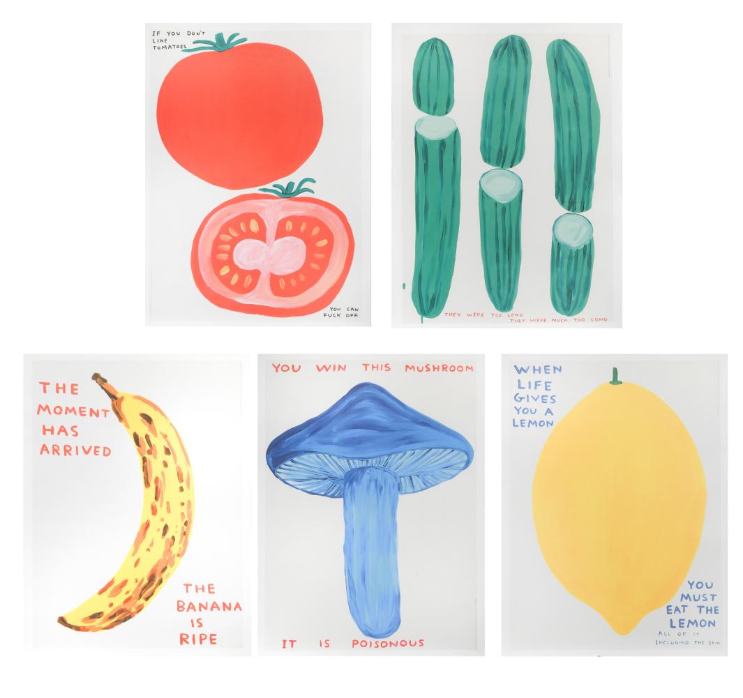 § David Shrigley OBE (British 1968-): Fruit and Vegetable Series: If you don't like tomatoes; The moment has arrived; They were too long; You win this mushroom; When life gives you a lemon offset lithographs, unframed 80 x 60cm (5)