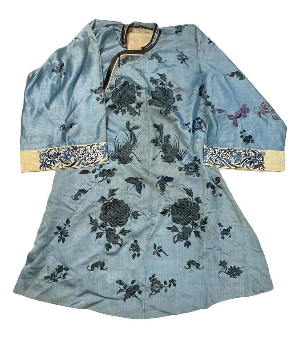 A Chinese pale blue silk and embroidered woman's summer jacket, circa 1900, (1 of 5)