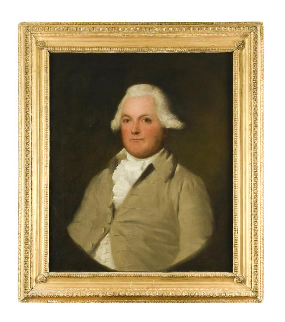 Circle of Gilbert Stuart (American, 1755-1828): Circle of Gilbert Stuart (American, 1755-1828) Portrait of a gentleman, quarter length, said to be James Boswell (1740-1795) in a grey coat and white jabot, in a half painted oval oil on canvas 75 x 6