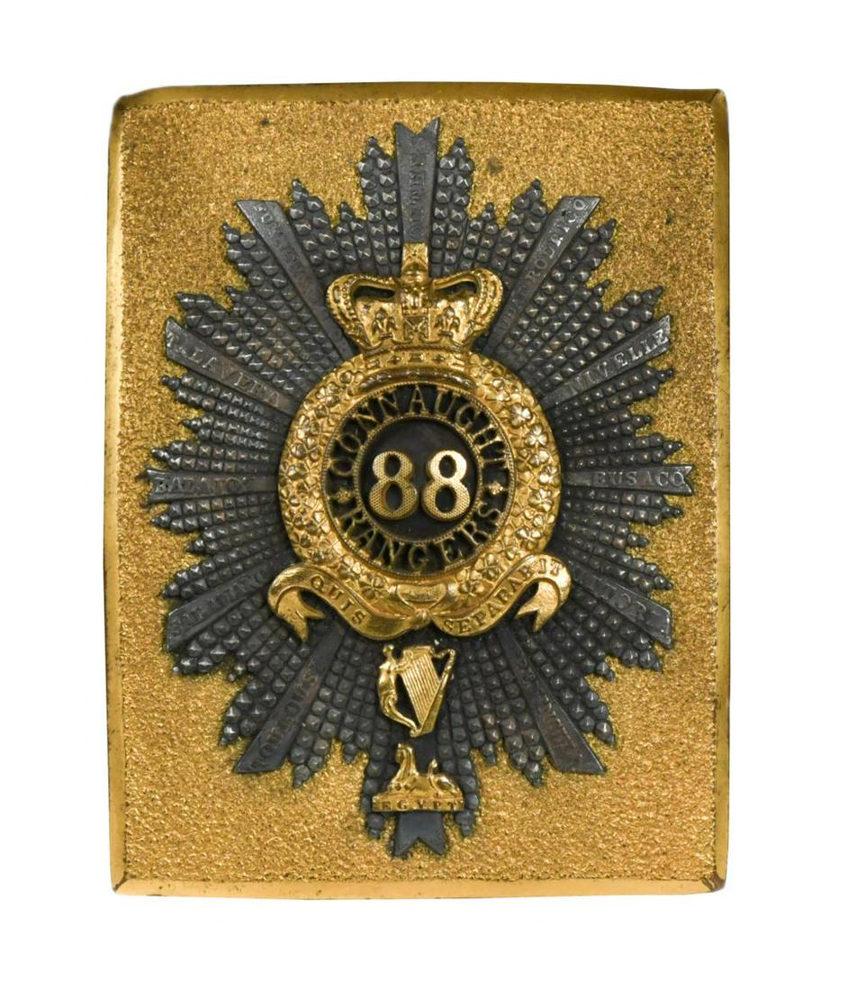 An 88th Regiment of Foot, Connaught Rangers, shoulder belt plate,: An 88th Regiment of Foot, Connaught Rangers, shoulder belt plate, with stippled gilt ground and applied faceted radiating star marked with campaigns, gilt coronet badge to the centre, with harp motif 