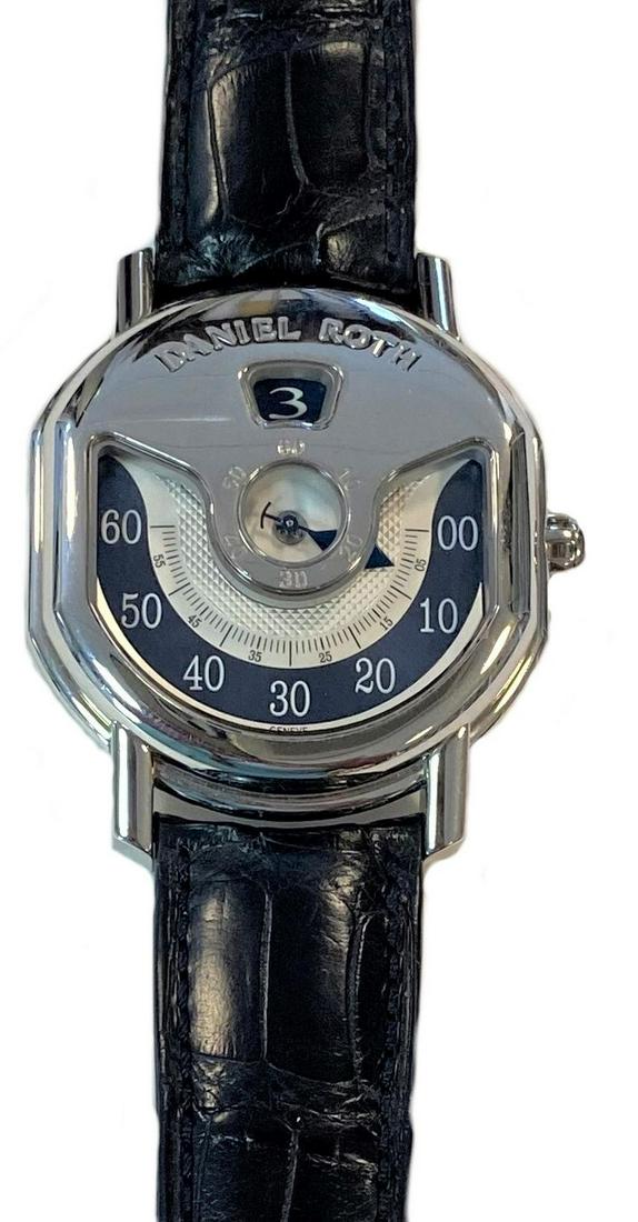 Daniel Roth - A Swiss platinum 'Masters Ellipsocurvex Papillon' limited edition 21/80 wristwatch,: circa 2007, model number 318.Y.70, the double ellipse engine turned dial, 31mm wide, upper half with signed polished cover, lower with curved blue chapter marked for the minutes, central running secon