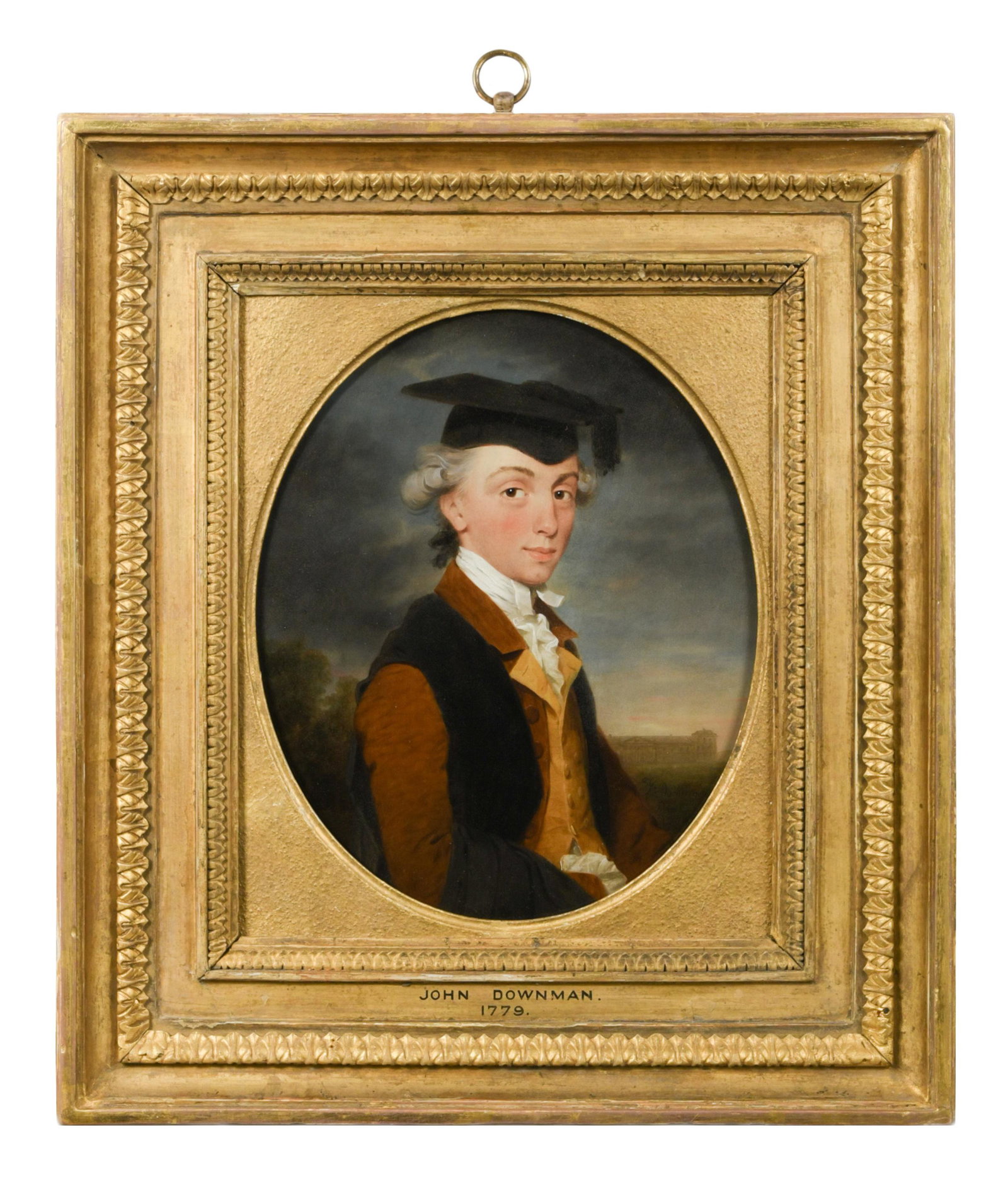 John Downman, ARA (1750-1824): Portrait of Charles Chadwick (1753-1829) half length, in brown, wearing a mortar board and gown, a view of Emmanuel College, Cambridge beyond signed and dated 'J. Downman / Pinxt / 1779' (lower right)
