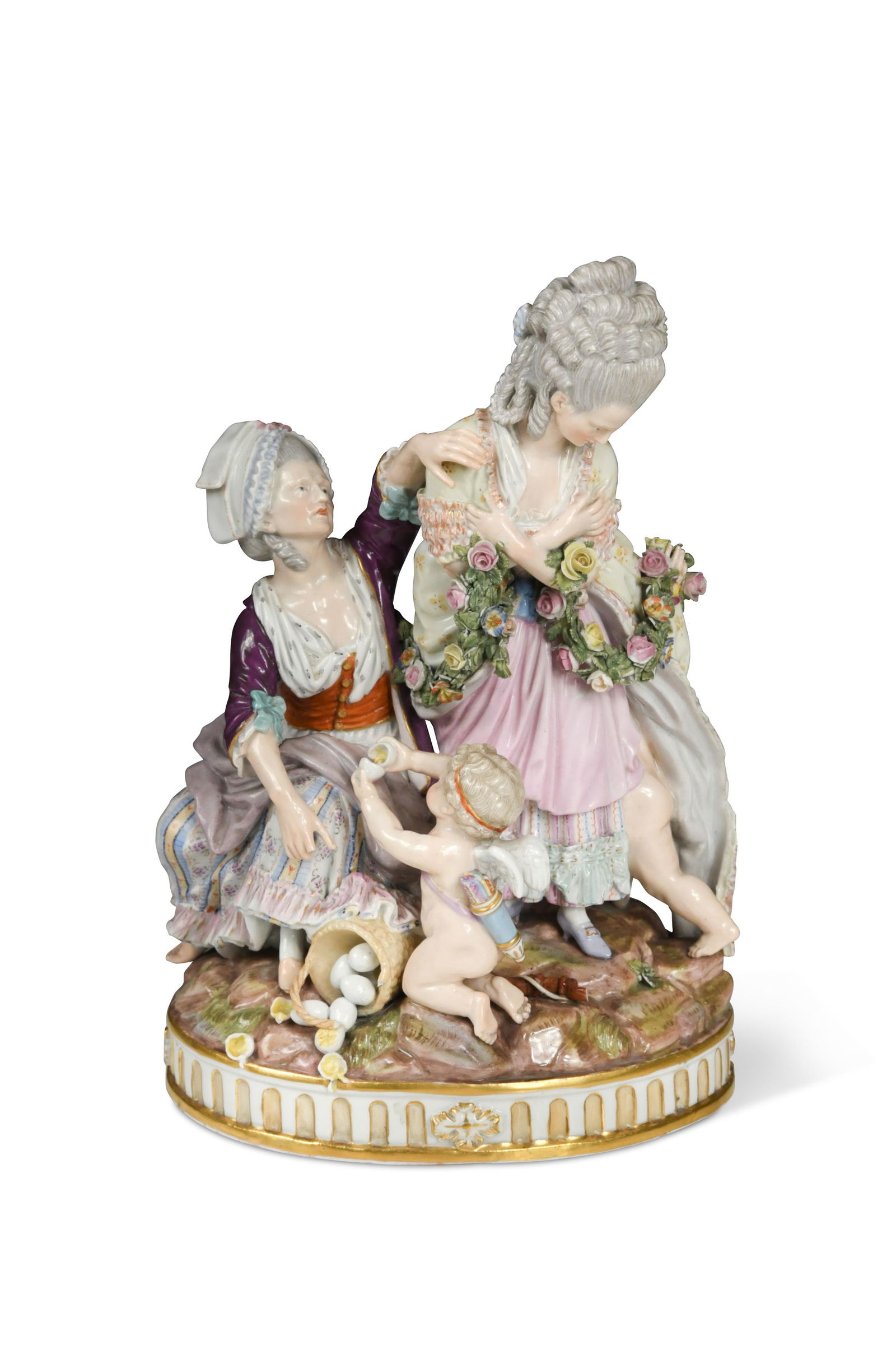 A Meissen figure group 'The Broken Egg', after the model by M. V. Acier, late 19th century,: modelled as a young lady turned away from her seated companion, an upturned basket of eggs at her feet and Cupid kneeling before them, crossed swords mark in blue 23cm high