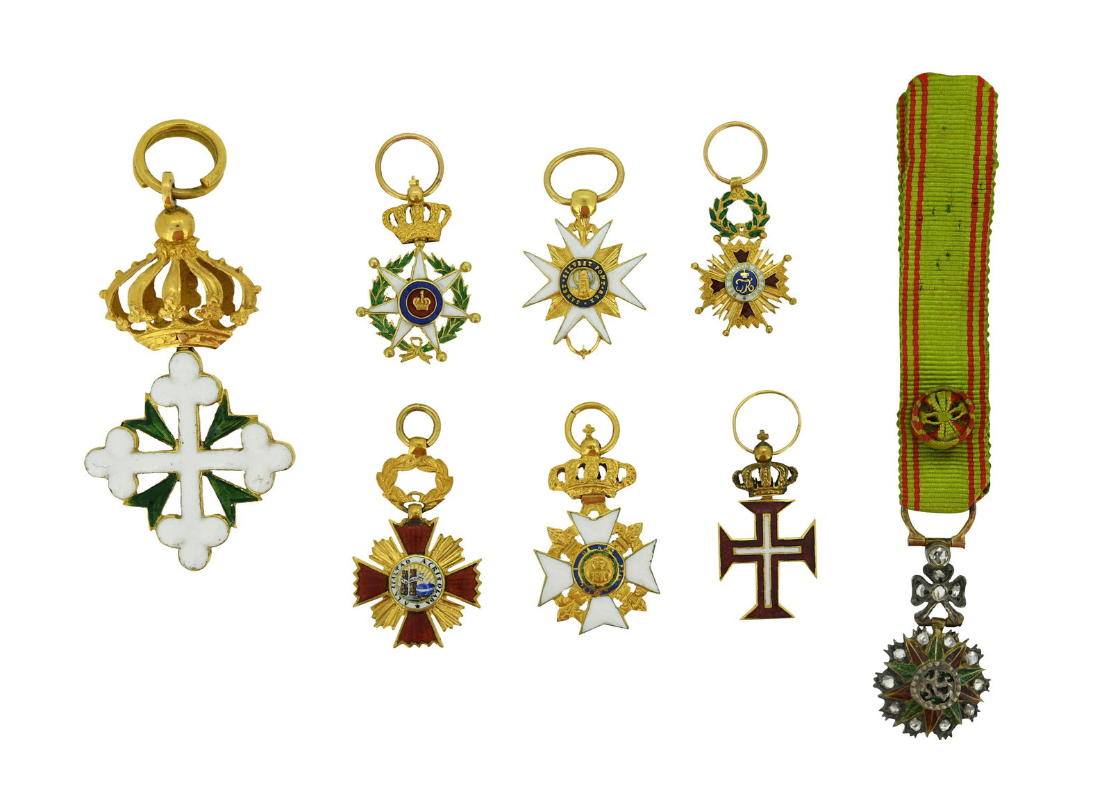Miniature world chivalric and heraldic orders,: a collection of eight miniature gilt and enamelled badges including Spain, Italy, Portugal, Sicily and Tunisia