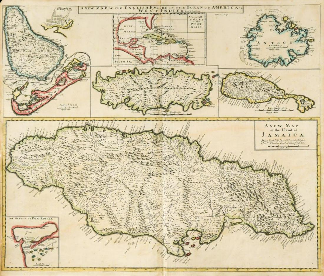 John Senex. A New Map of the English Empire in the Ocean of America or West Indies, engraved map: John Senex. A New Map of the English Empire in the Ocean of America or West Indies, engraved map circa 1720, hand coloured in outline, the lower portion showing a map of Jamaica, the upper part compri