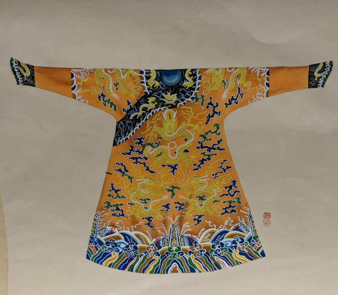 A pair of 20th Century gouache paintings of Chinese robes, each signed, mounted: A pair of 20th Century gouache paintings of Chinese robes, each signed, mounted