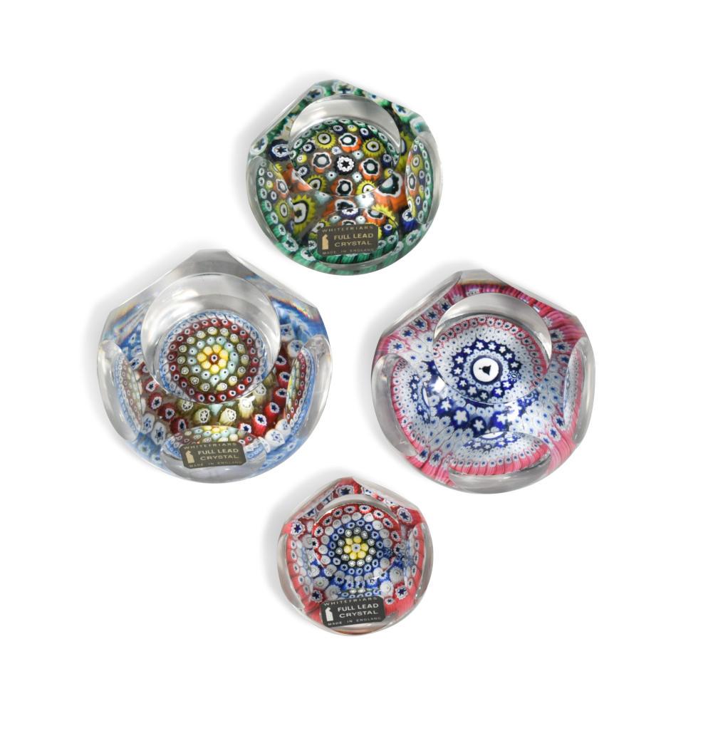 A group of four Whitefriars faceted millefiori glass paperweights, (1 of 20)
