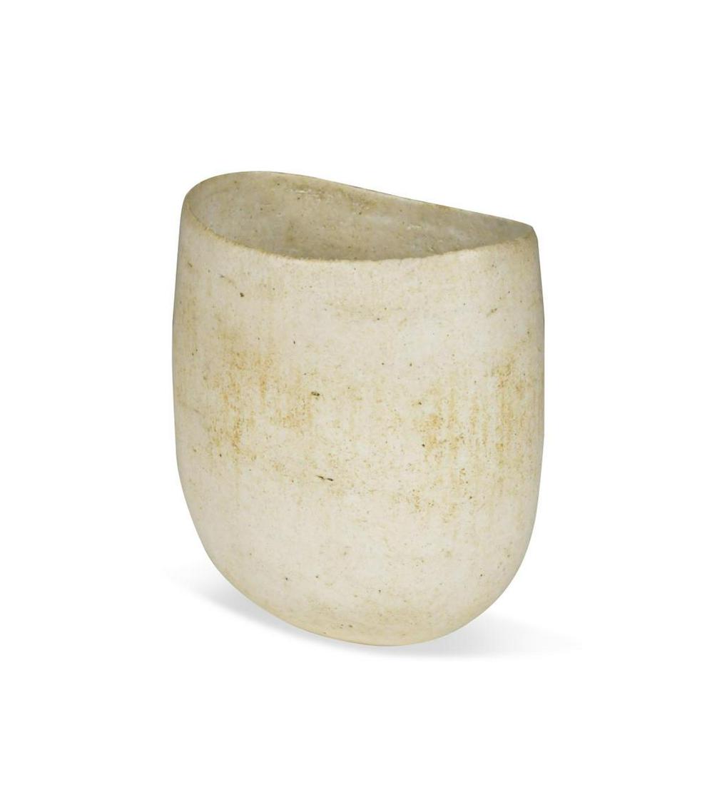 § John Ward (1938-), a stoneware vessel with dipped rim,: § John Ward (1938-), a stoneware vessel with dipped rim, decorated with a mottled white glaze, impressed seal to underside 15cm high In seemingly good condition, with no apparent damages or resto