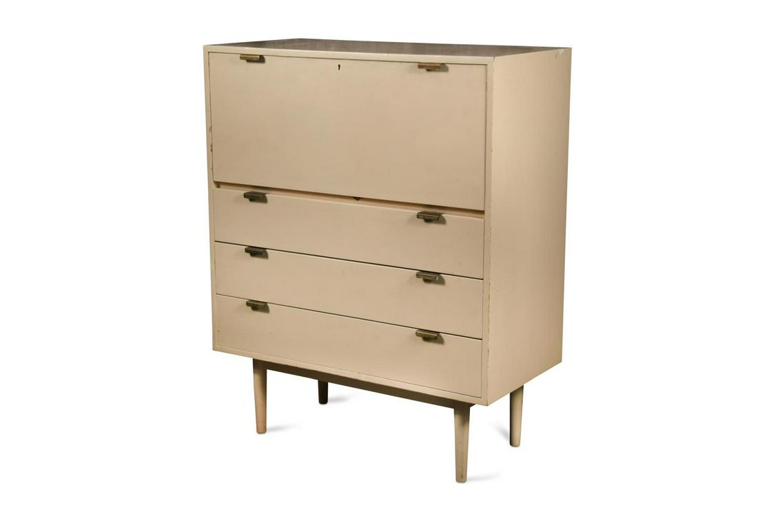 Robin Day for Hille, an 'Interplan' bureau, designed 1954,: Robin Day for Hille, an 'Interplan' bureau, designed 1954, the fall front with fitted interior above three long drawers raised on tapering cylindrical legs, cream painted 114 x 91.5 x 46cm Structurall