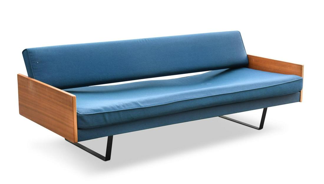 Robin Day for Hille, a double sofa bed, circa 1950s,: Robin Day for Hille, a double sofa bed, circa 1950s, on black painted angle-iron trestles with original blue/green wool upholstered cushions, Hille label 57 x 195 x 96cm Provenance: The estate of Marg