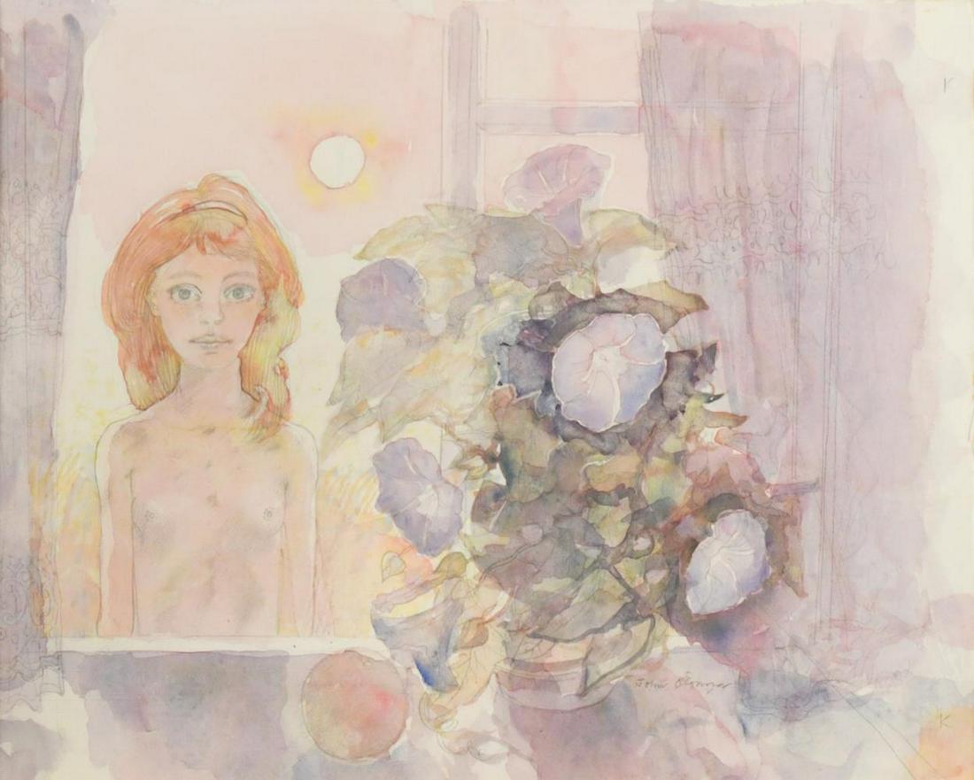 § John Scorror O'Connor (1933-1984): § John Scorror O'Connor (1933-1984) Girl at the window signed 'John O'Connor' (lower right) watercolour and pencil 40.5 x 50.5cm Support has slipped in the frame, so will require removing from fr