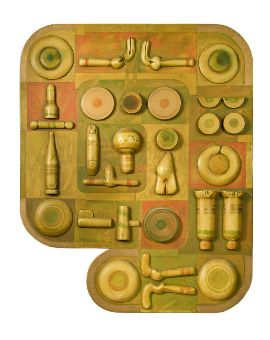 § Robert H. Lee (1915-2007): § Robert H. Lee (1915-2007) Piccalillydilly painted and relief carved board 82 x 65cm