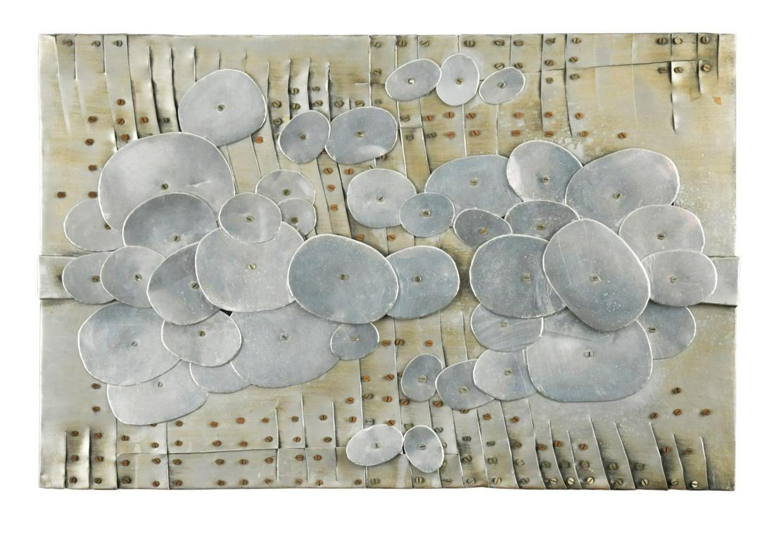 § Barbara Pniewska (1923-1988): § Barbara Pniewska (1923-1988) Untitled composition aluminium wall relief on board 58.5 x 89cm
