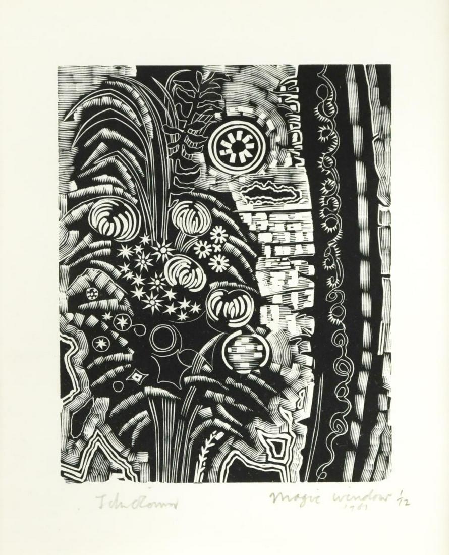§ John Scorror O'Connor (1933-1984): § John Scorror O'Connor (1933-1984) Magic Window signed 'John O'Connor' (lower left); numbered 1/12 woodcut 17.5 x 14cm Not examined out of the frame, edges obscured by the mount so not available
