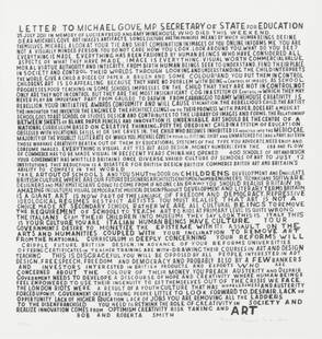 § Bob and Roberta Smith OBE, RA (1963-) (Patrick Brill): § Bob and Roberta Smith OBE, RA (1963-) (Patrick Brill) Letter to Michael Gove signed and dated 'Bob and Roberta Smith 2015.' (lower right) screenprint 42 x 40cm The present lot is based on Patri