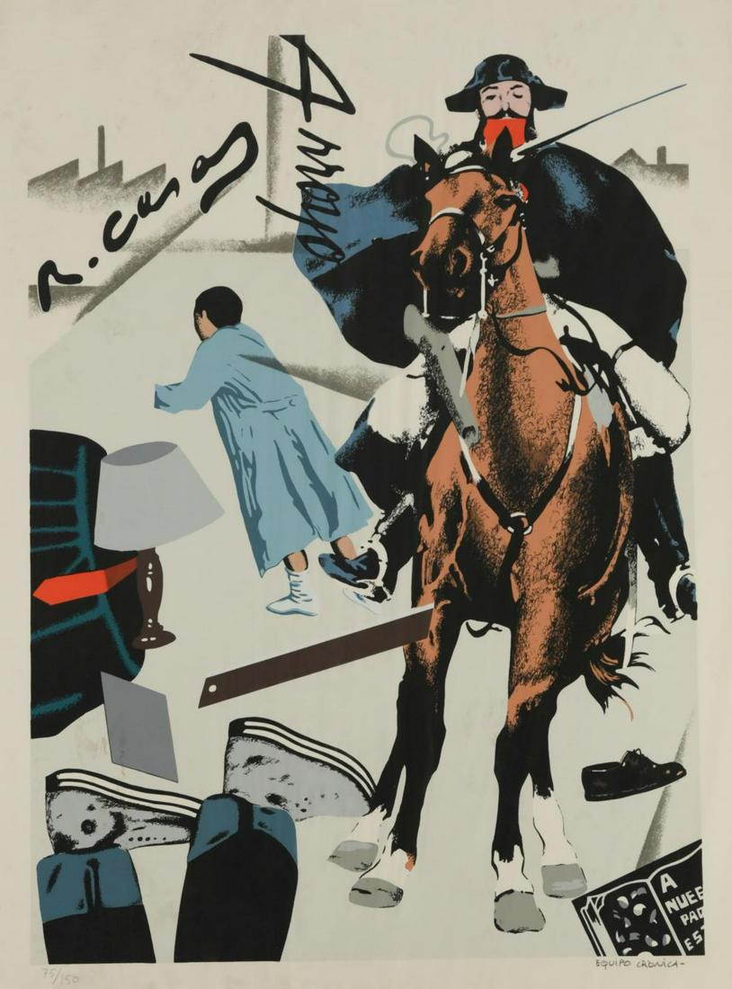 § Equipo Crónica (active from1964-1981): § Equipo Crónica (active from1964-1981) Ramón Casas and Eduardo Arroyo as a pretext signed 'EQUIPO CRONICA -' (lower right); numbered 76/150 screenprint, unframed 90 x 56cm