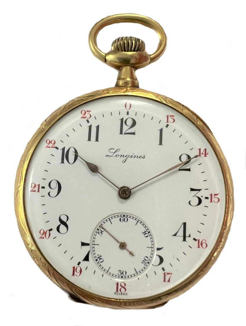 Longines - A French marked 18ct gold open faced pocket watch, (1 of 6)