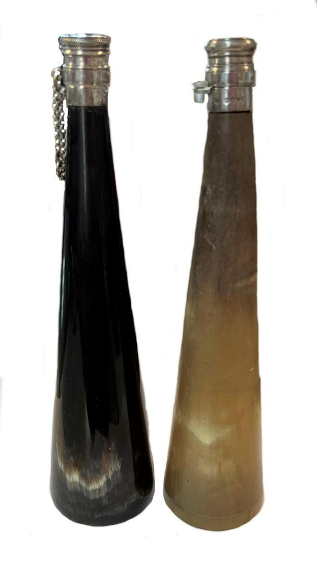 Two Victorian silver mounted horn spirit flasks,: Two Victorian silver mounted horn spirit flasks, both of conical form, the first with mark of Williamson & Horton (John Henry Williamson & John Spinks Horton), London 1868, bayonet fitting cap with ga