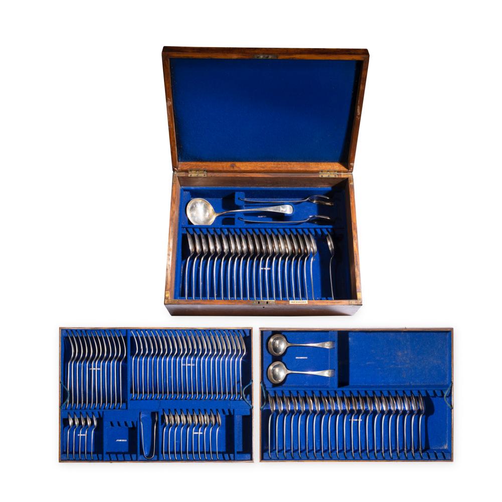 A canteen containing a 98-piece set of mid 19th century silver plated flatware, (1 of 9)