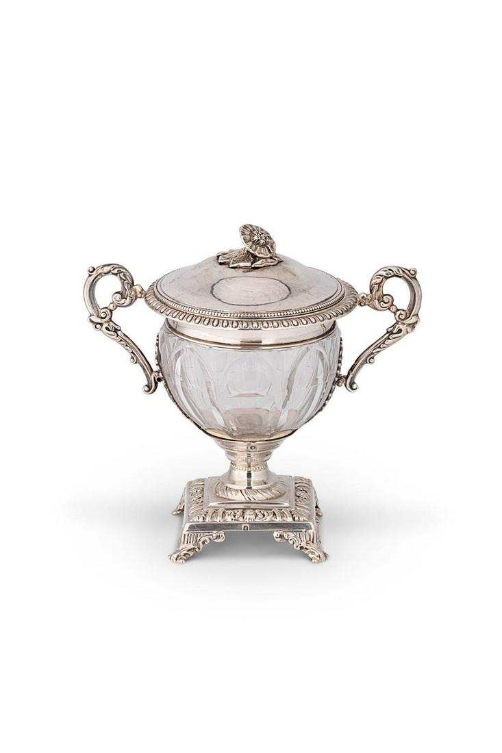 A mid 19th century French metalwares silver mounted two handled sugar vase and cover, (1 of 7)