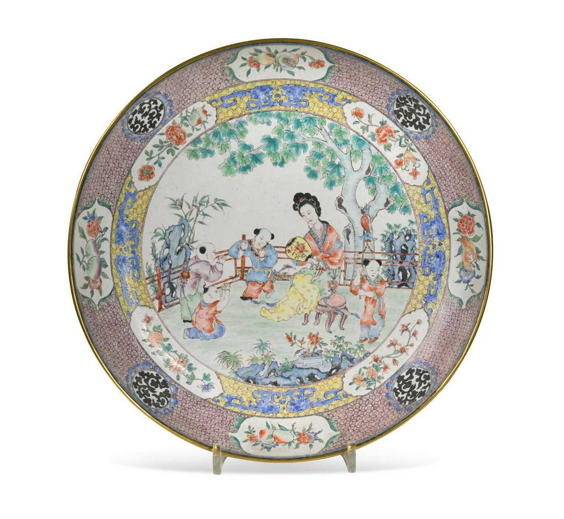 A Chinese famille rose Canton enamel dish, 20th century, painted with a lady and four boys on a (1 of 5)