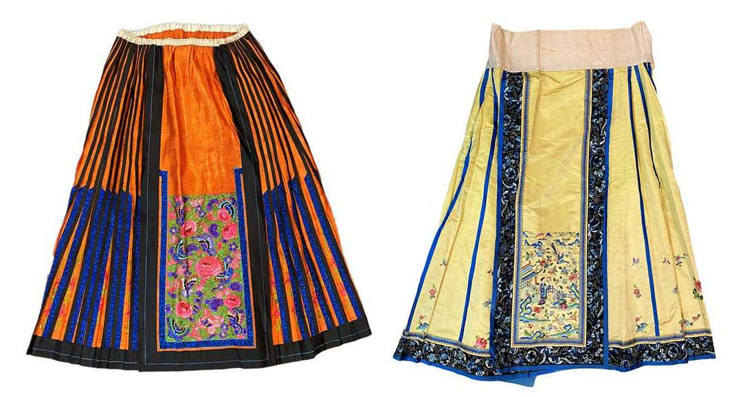 Two Chinese silk embroidered skirts, early to mid-20th century, one in soft yellow worked with two (1 of 14)