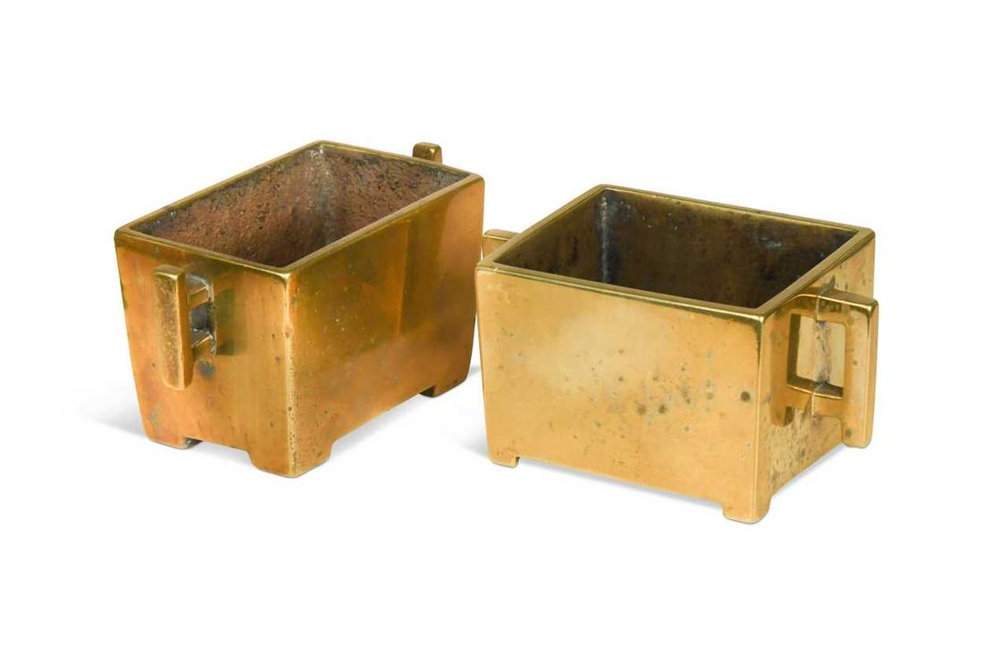 Two Chinese bronze censers, late Qing Dynasty, 19th century, rectangular with pierced angled (1 of 6)