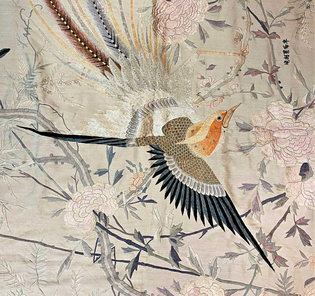 A Chinese large silken thread embroidered bed cover, late 19th/early 20th century, worked with (1 of 16)