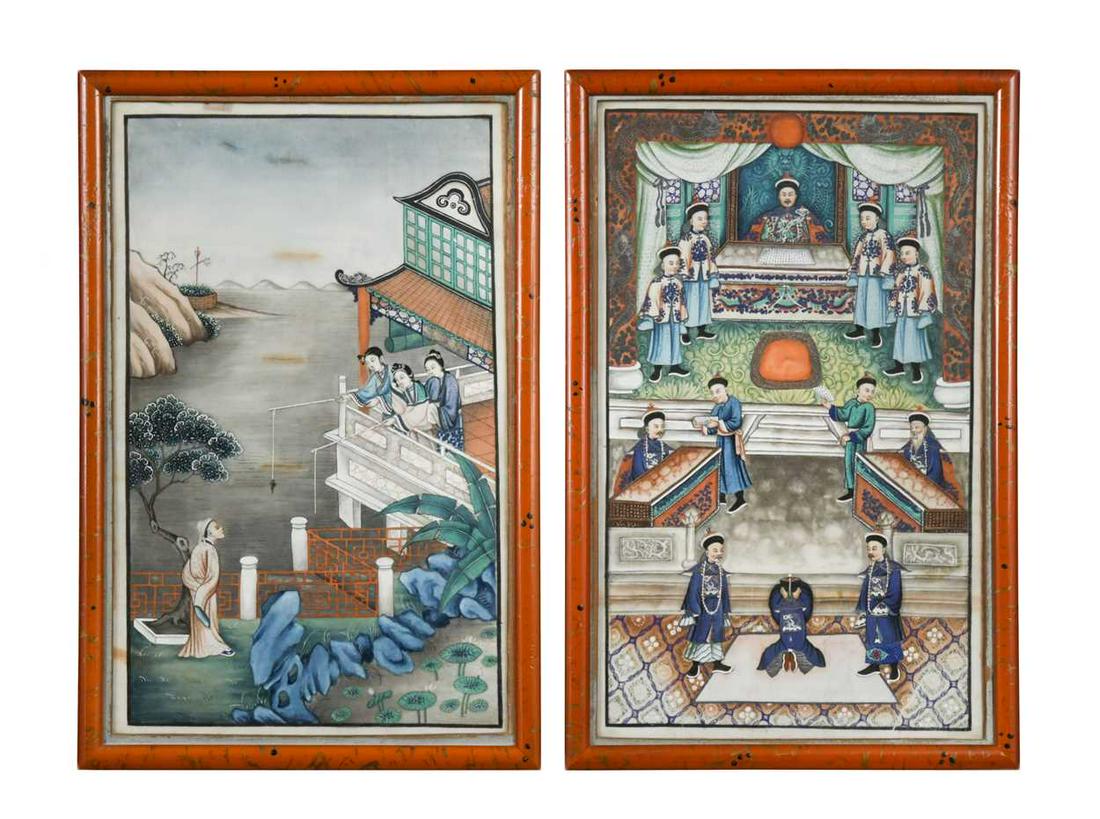A collection of six Chinese export pith paintings, circa 1850, depicting interior scenes, temple, (1 of 7)