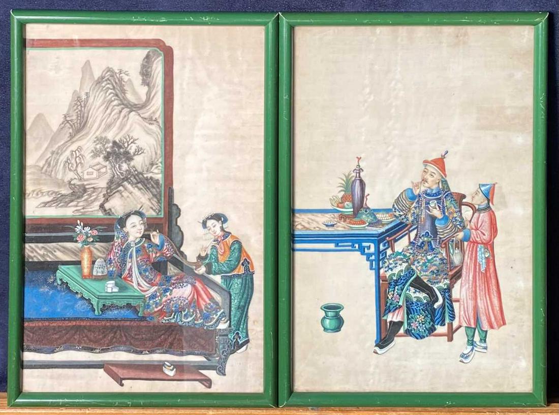 A pair of Chinese export pith paintings, depicting a young Emperor and Empress, he sits drinking tea (1 of 4)